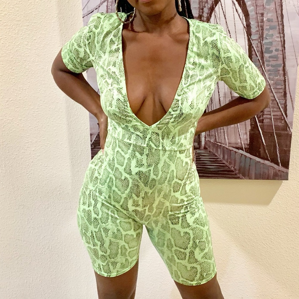 Snake Skin Neon Green Biker Romper